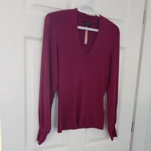 Ted Baker Raspberry V-Neckline Sweater With Sheer Sleeves Sz S
